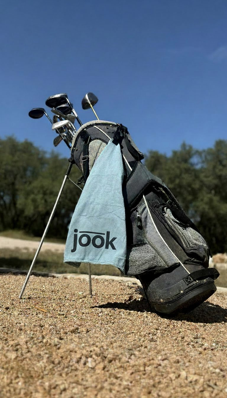 The Jook Towel hanging from a golf bag on the course, jook logo printed on the towel